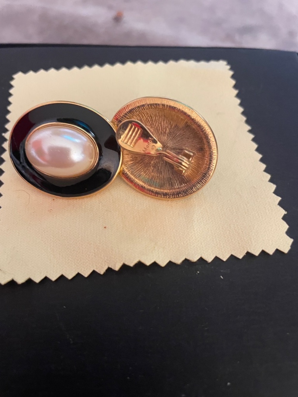 Gold-Tone Black Enamel Pearl Clip-On Earrings